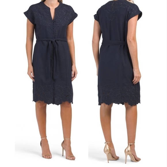 ELIE TAHARI Linen Blend Cap Sleeve Eyelet Trim Navy Blue Knee Length Dress - Picture 1 of 12
